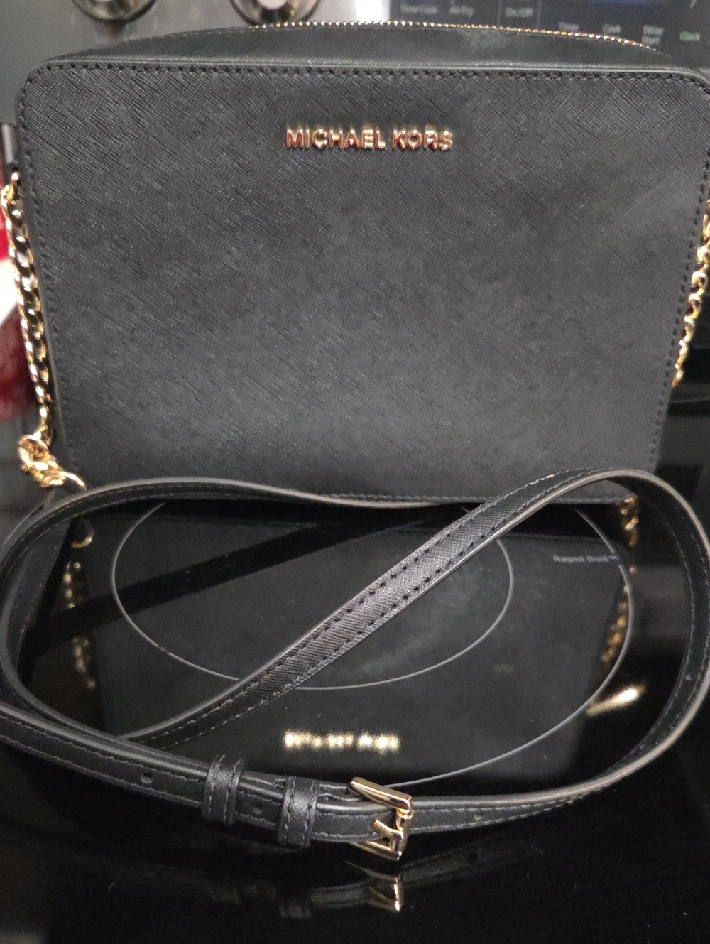 Michael Kors Black Saffiano Leather Crossbody with Gold Hardware
